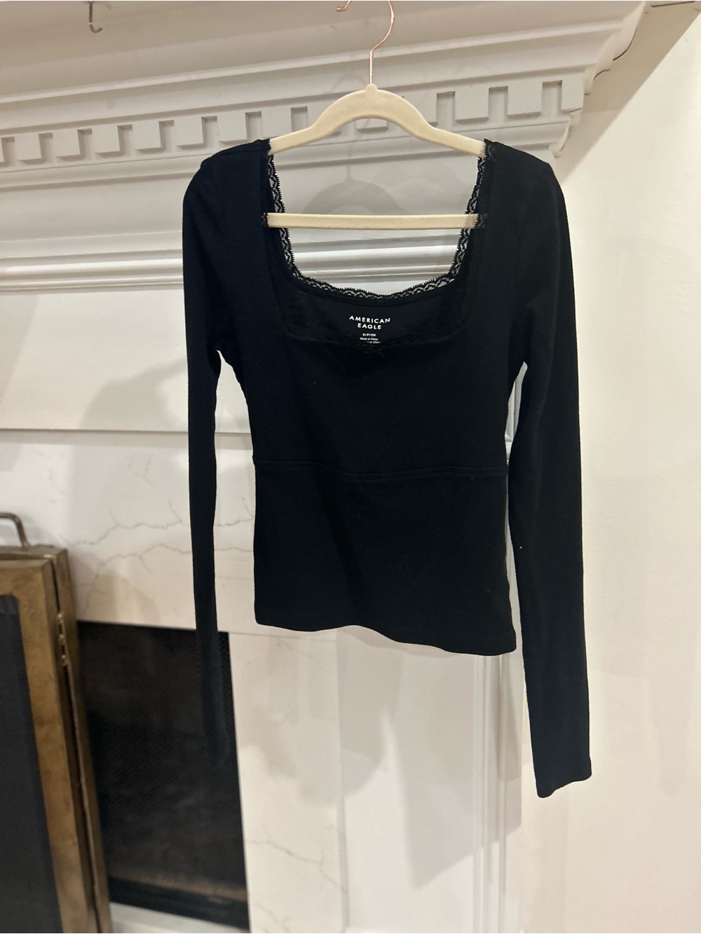 American Eagle Outfitters Black Lace-Trim Square Neck Long Sleeve Top